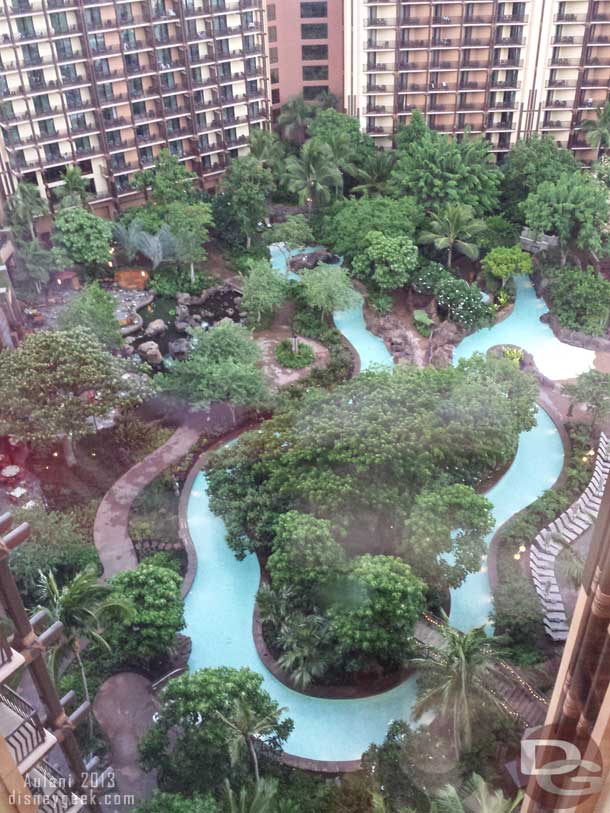 The Waikolohe Stream snakes its way through the center of the Waikolohe Valley at Aulani.  In this picture from the 16th floor you can see a good portion of the stream.